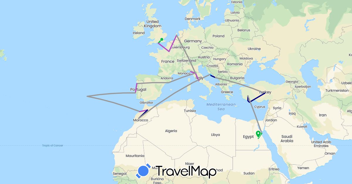 TravelMap itinerary: driving, bus, plane, train, boat in Egypt, Spain, France, United Kingdom, Croatia, Italy, Morocco, Netherlands, Portugal, Turkey (Africa, Asia, Europe)